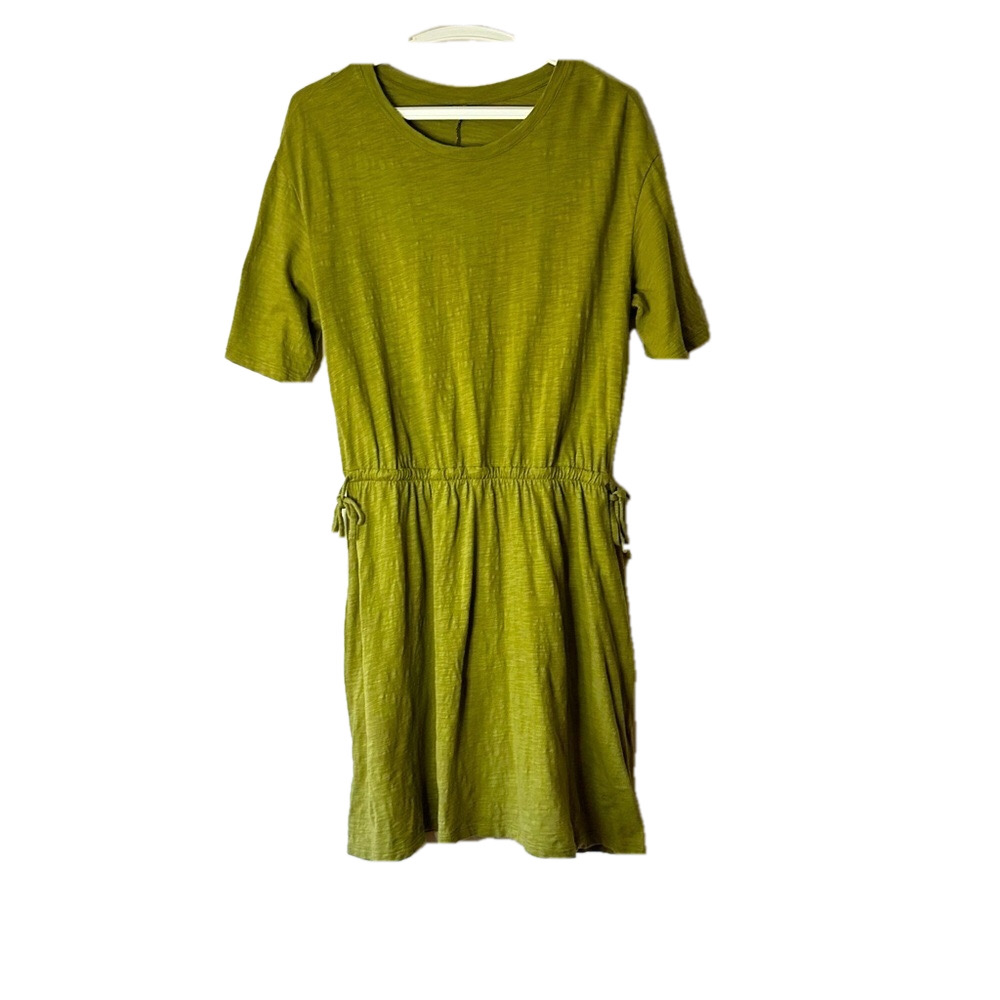 Green A Line Dress Round Neck Short Sleeve Waist Tie Size S/M Pit to Pit 37 Inch